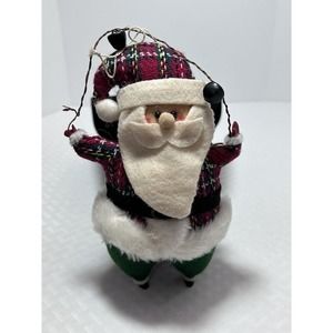 7” Plush Plaid Santa Hold String Of Bells Keepsake Ornament